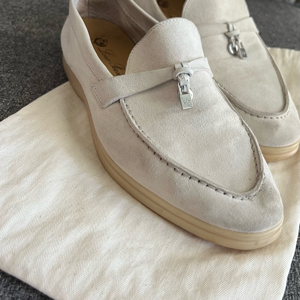 Loro Piana Cream Suede Loafers with Silver Detail